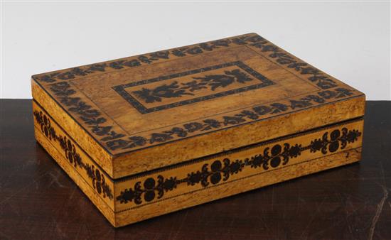 Birds eye maple writing box, perpetual calendar holder, rule with specimen woods